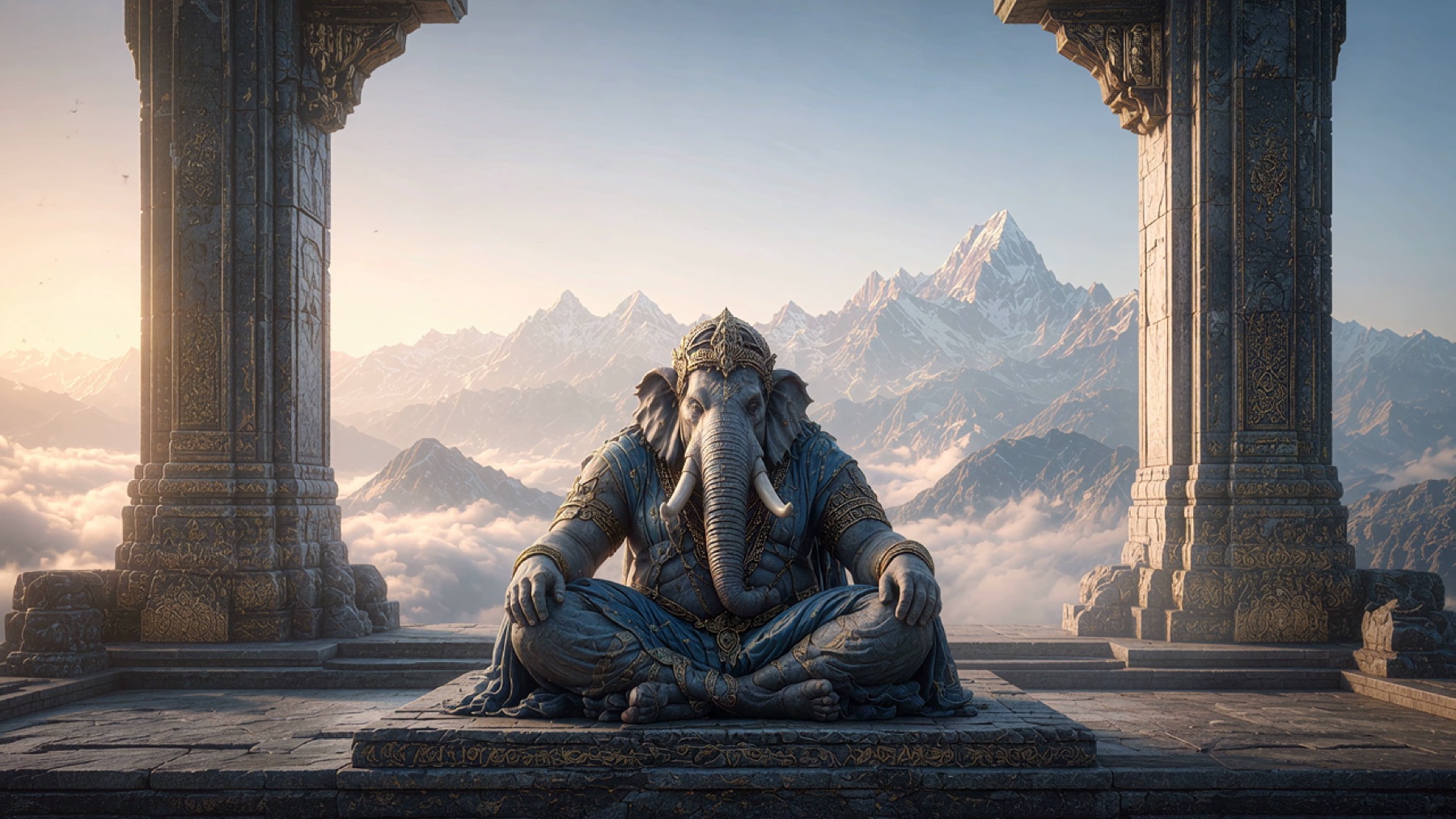 Anu seated in meditation above the clouds, surrounded by golden mountain light.